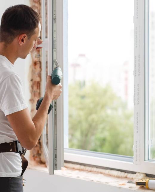 Young handyman repair window with screwdriver